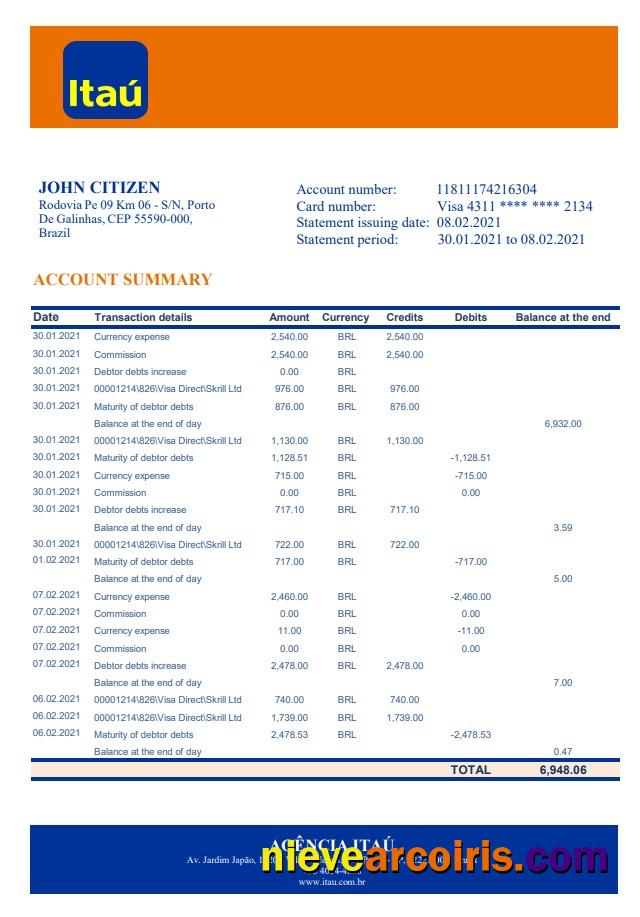 Realistic Brazil Itau Bank Statement Template In Excel And PDF Format
