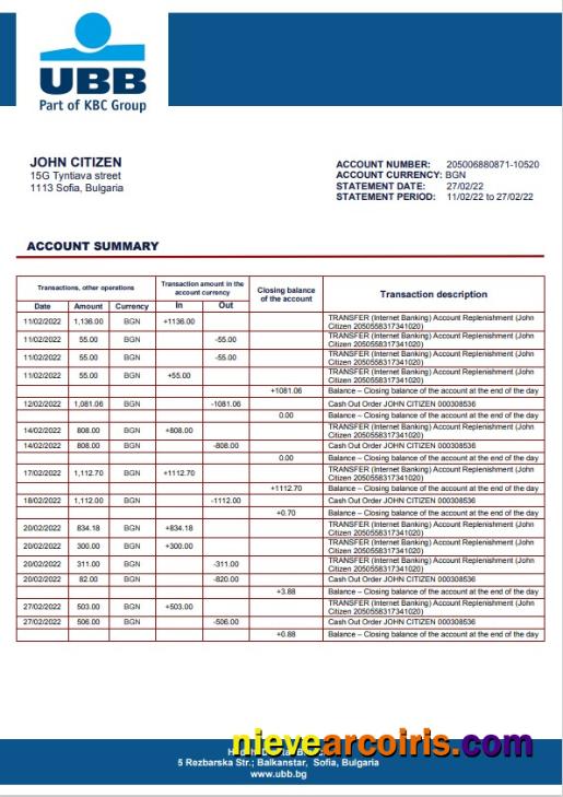 Premium Bulgaria UBB Bank Proof Of Addres Statement Template In Word And PDF Format