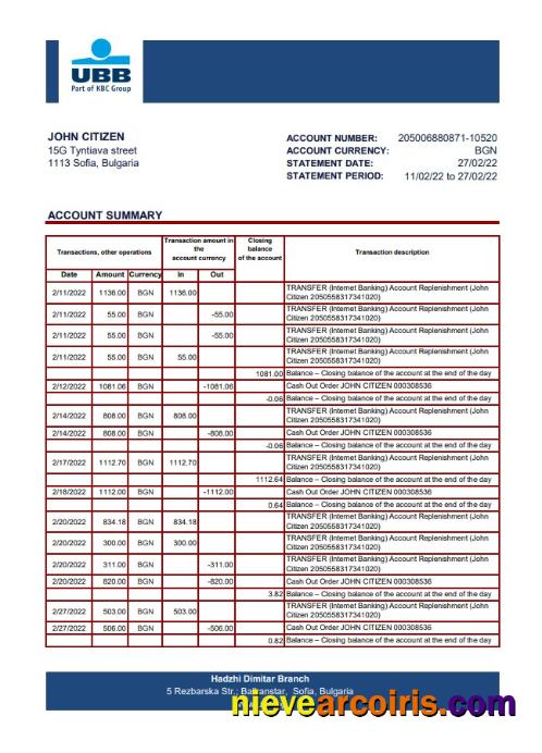 Bulgaria UBB Bank Statement Photolook