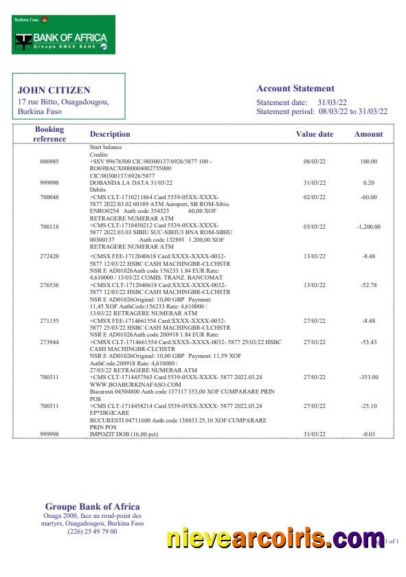 Professional Burkina Faso Bank Of Africa Bank Statement Template, Word And PDF Format