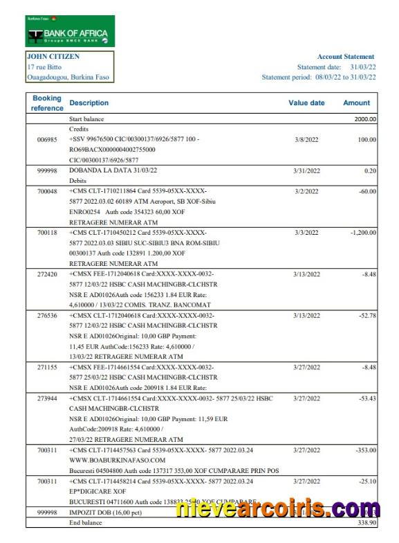 Burkina Faso Bank Of Africa Bank Statement Sample
