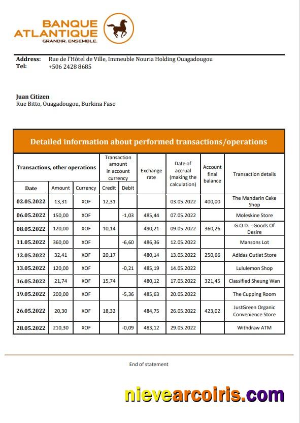 Premium Burkina Faso Banque Atlantique Bank Statement Template, Word And PDF Format