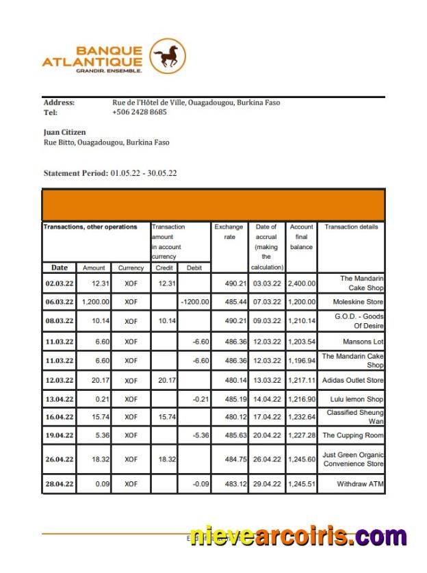 Burkina Faso Banque Atlantique Bank Statement Template