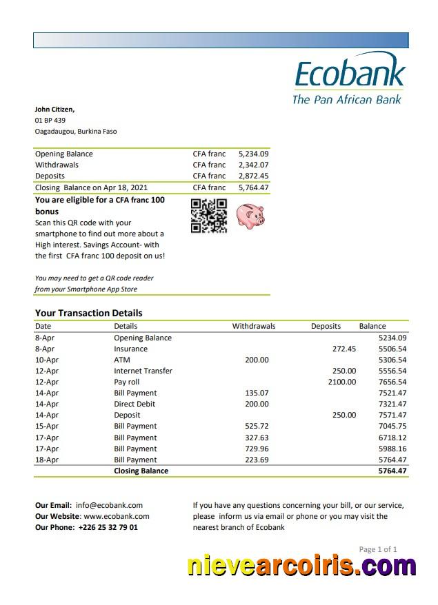 Realistic Burkina Faso Ecobank Bank Statement Easy To Fill Template In Excel And PDF Format
