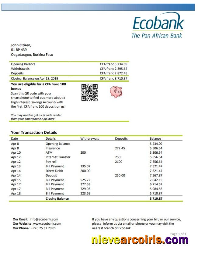 Burkina Faso Ecobank Bank Statement Template