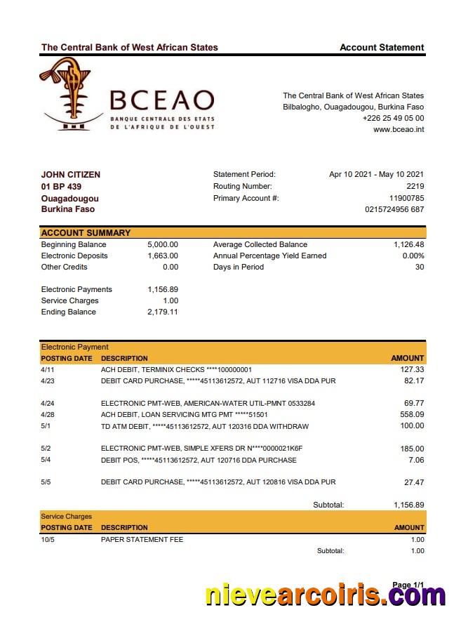 Premium Burkina Faso The Central Bank Of West African States Bank Statement Easy To Fill Template In Excel And PDF Format