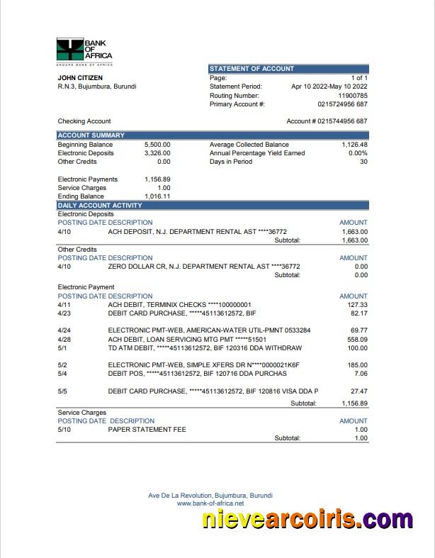 Realistic Burundi Bank Of Africa Bank Statement Excel And PDF Template (AutoSum)