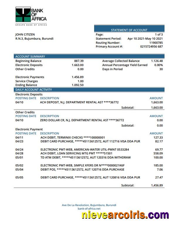 Premium Burundi Bank Of Africa Bank Statement Word And PDF Template