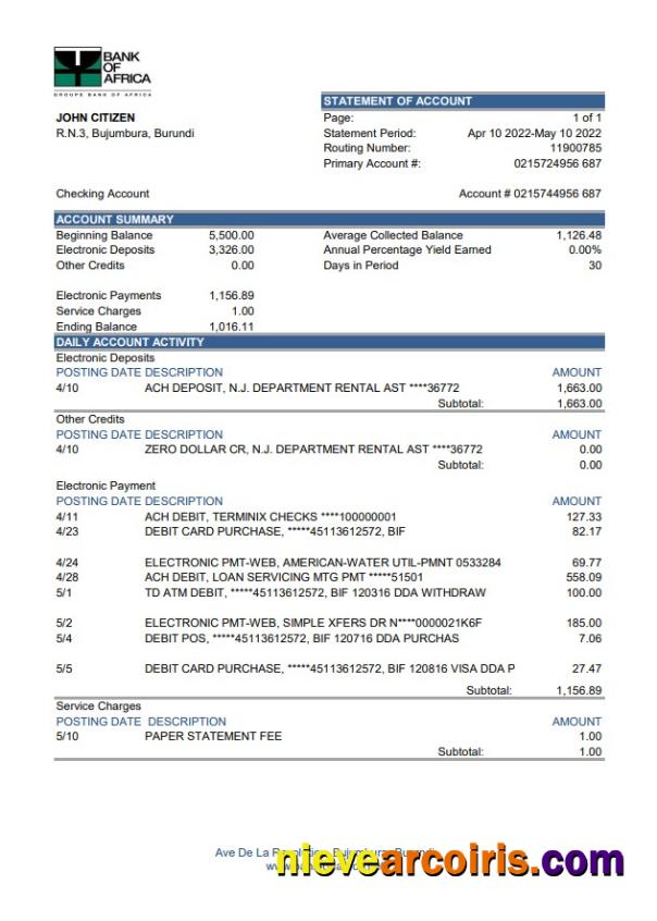 Burundi Bank Of Africa Bank Statement Template