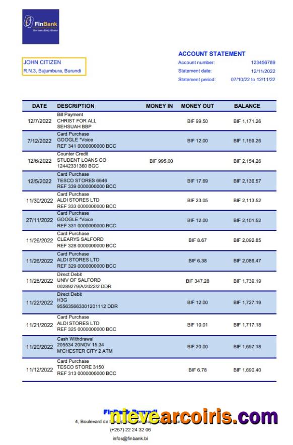 Burundi Finbank Bank Statement Sample