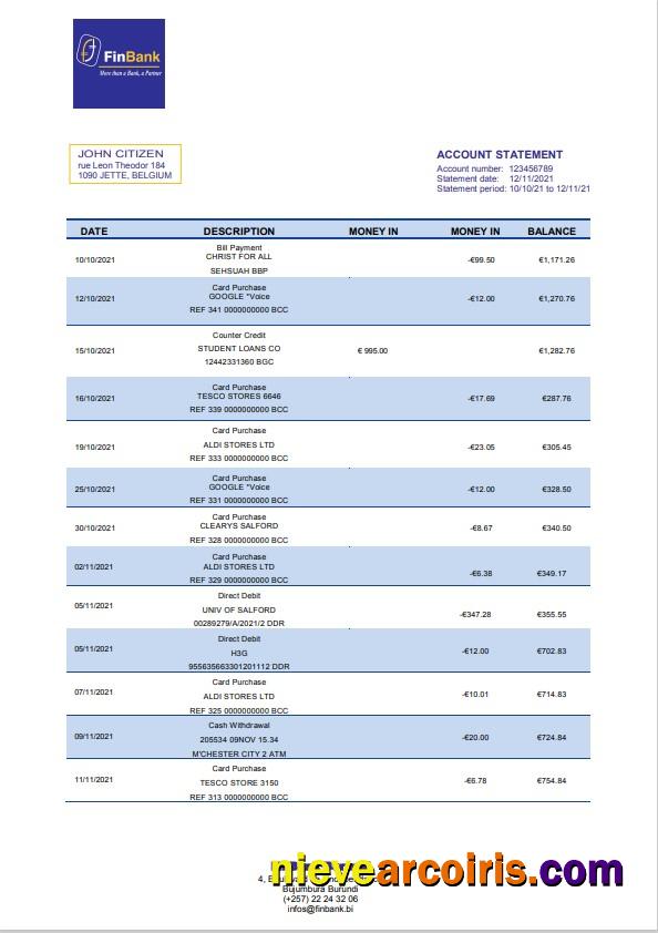 Editable Burundi Finbank Statement Template, Word And PDF Format