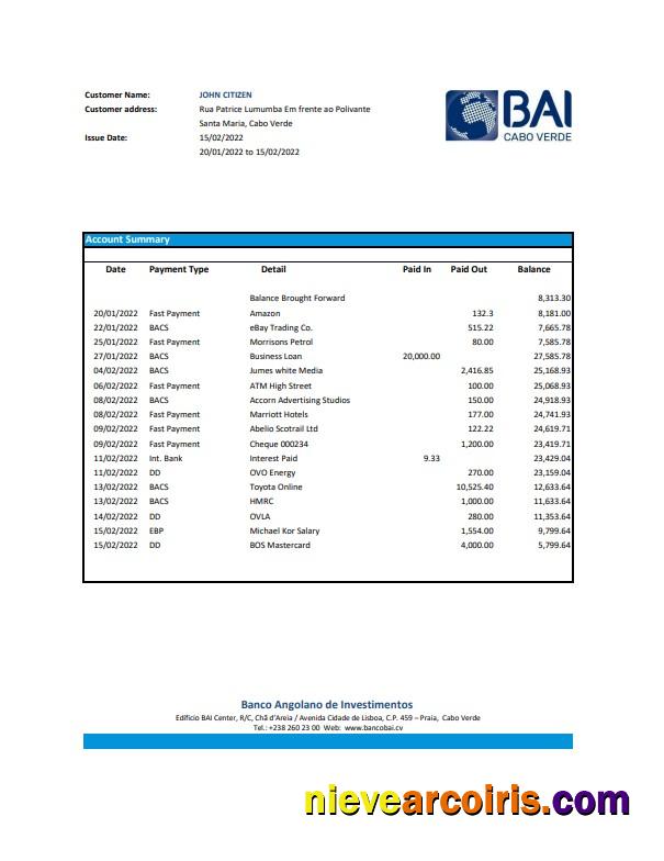 Editable Cabo Verde Banco Africano De Investimentos Bank Statement Excel And PDF Template (AutoSum)