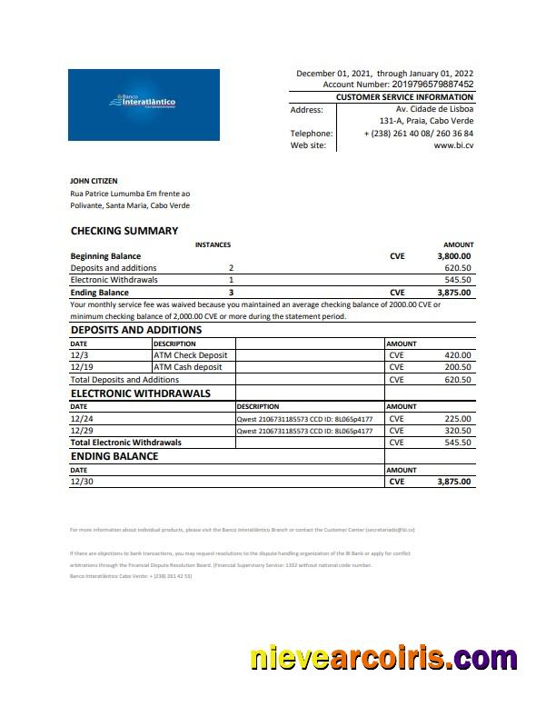 Editable Cabo Verde Banco Inter Atlântico Bank Statement Excel And PDF Template (AutoSum)