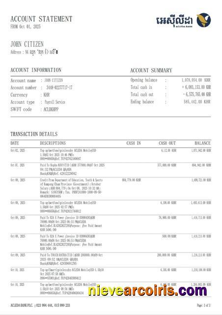 Premium Cambodia ACLEDA Bank Account Statement Word And PDF Template, Version 2