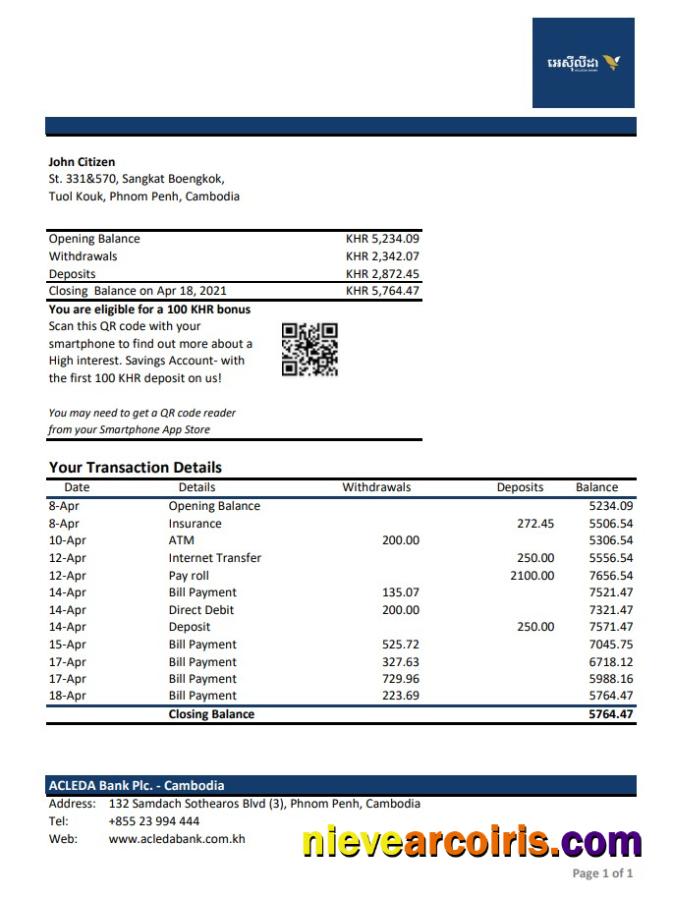 Cambodia Acleda Bank Statement Sample