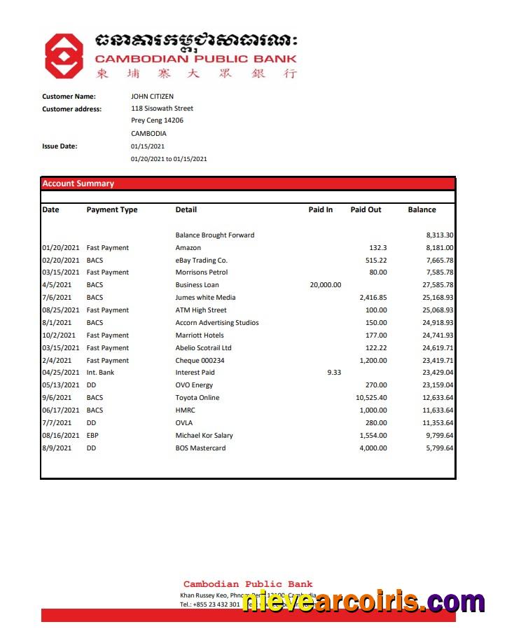 Premium Cambodia Cambodian Public Bank Statement Easy To Fill Template In Excel And PDF Format