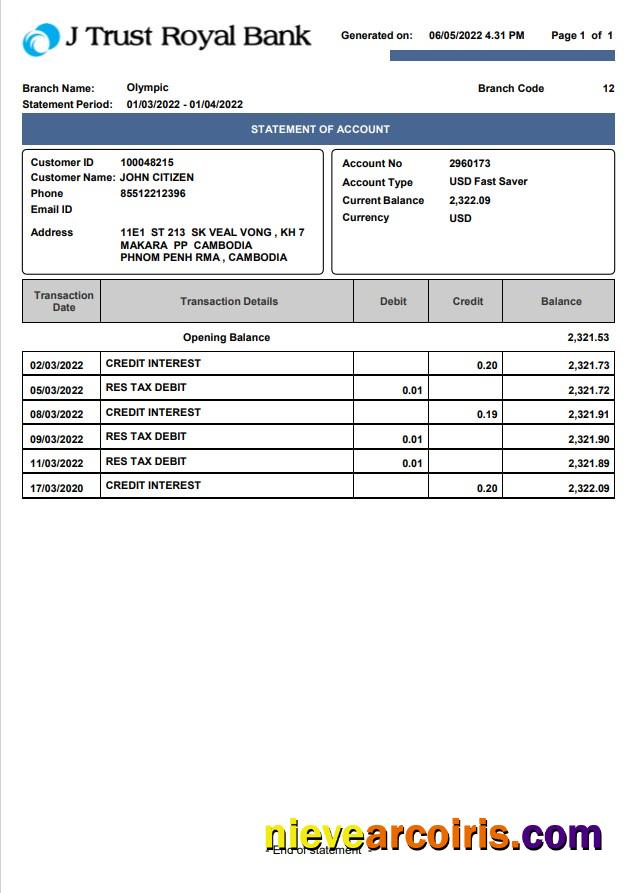 Cambodia J Trust Royal Bank Statement Preview