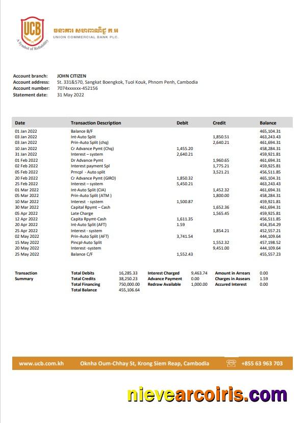 Editable Cambodia Union Commercial Bank Statement Word And PDF Template
