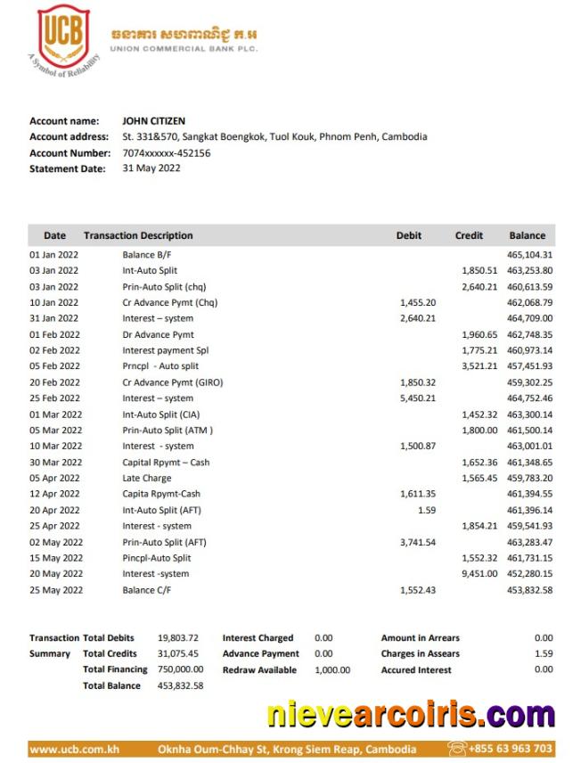 Cambodia Union Commercial Bank Statement Sample