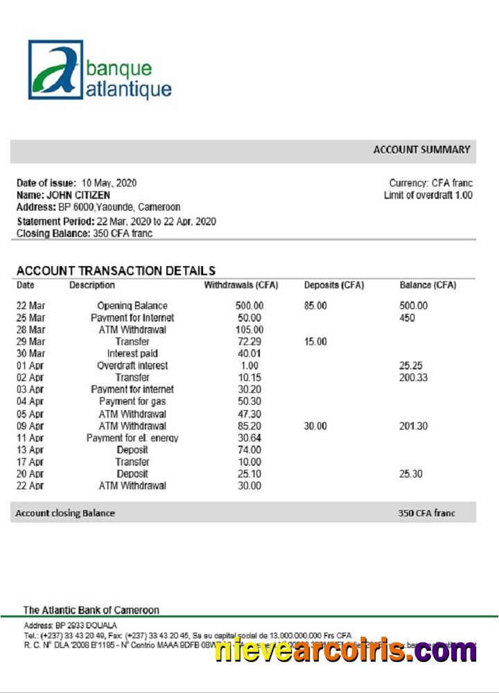 Professional Cameroon Atlantic Bank Statement Template, Word And PDF Format