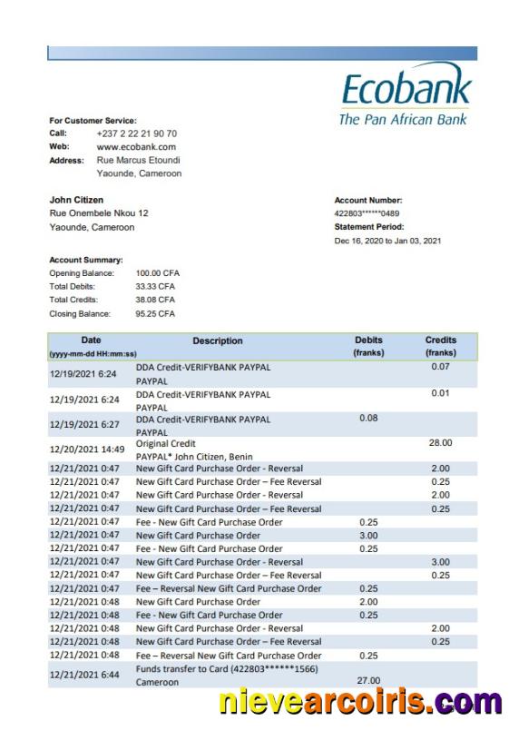 Premium Cameroon Ecobank Bank Statement Easy To Fill Template In .xls And .pdf File Format