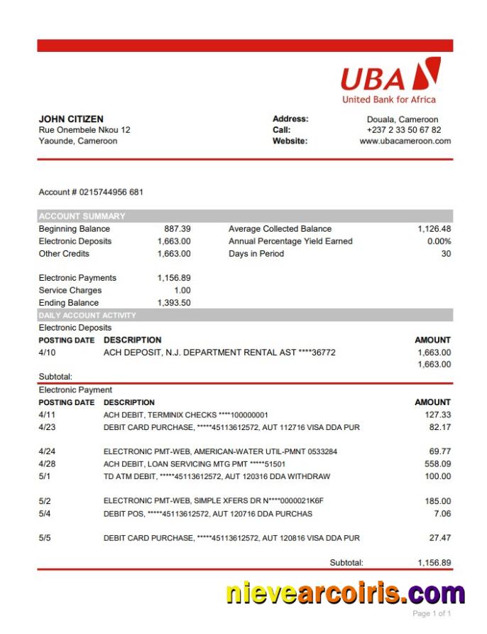 Editable Cameroon UBA Bank Statement Easy To Fill Template In Excel And PDF Format