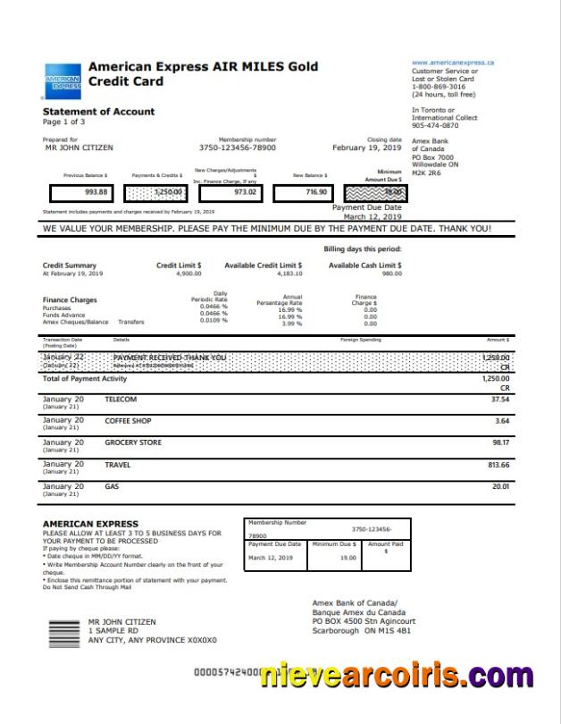 Canada American Express Air Miles Gold Credit Card Account Statement Preview