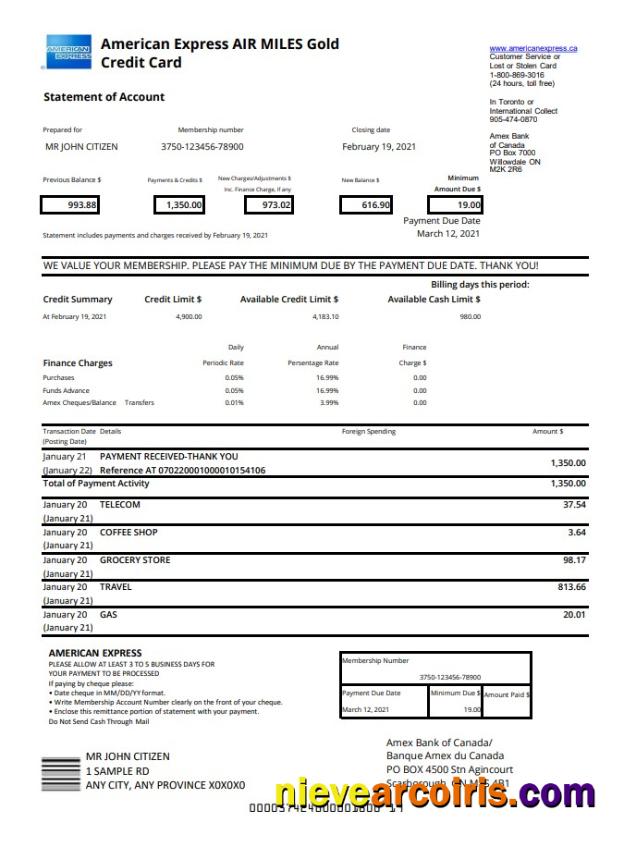 Canada American Express Air Miles Gold Credit Card Excel Pdf Sample