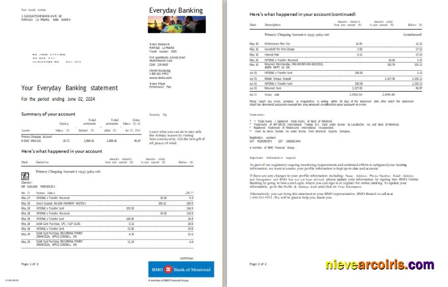 Canada BMO Bank Everyday Banking Statement Scr Sample