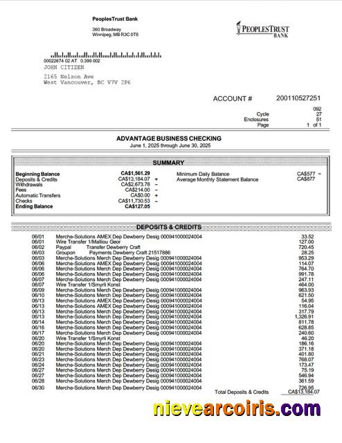Professional Canada British Columbia PeoplesTrust Bank Business Checking Word And PDF Template