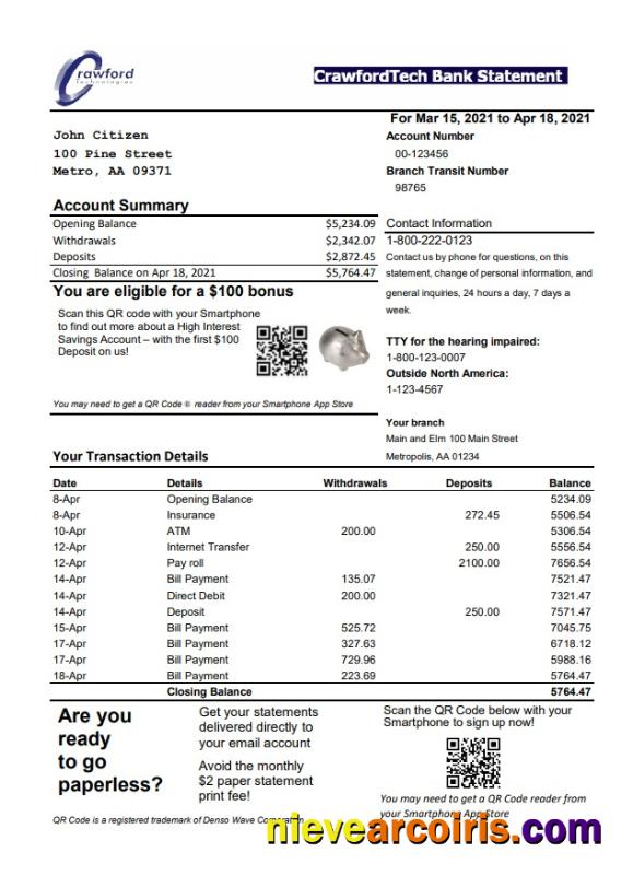 Editable Canada CrawfordTech Bank Statement Easy To Fill Template In Excel And PDF Format
