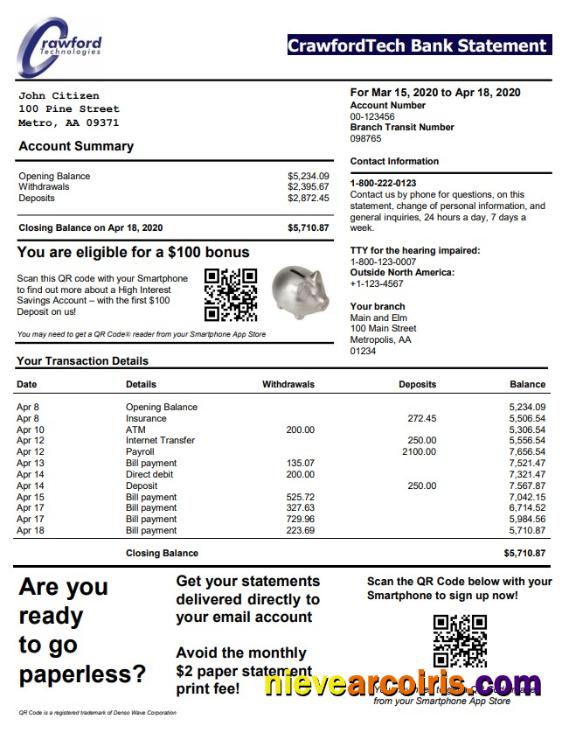 Canada CrawfordTech Bank Statement Sample