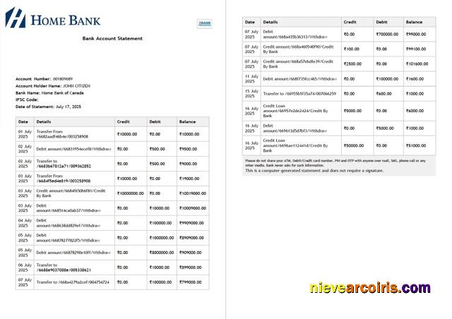 Realistic Canada Home Bank Of Canada Account Statement Word And PDF Template, 2 Pages
