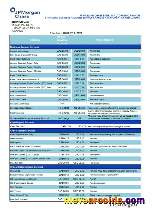 Editable Canada JP Morgan Chase Proof Of Address Bank Statement Template In Excel And PDF Format (AutoSum)