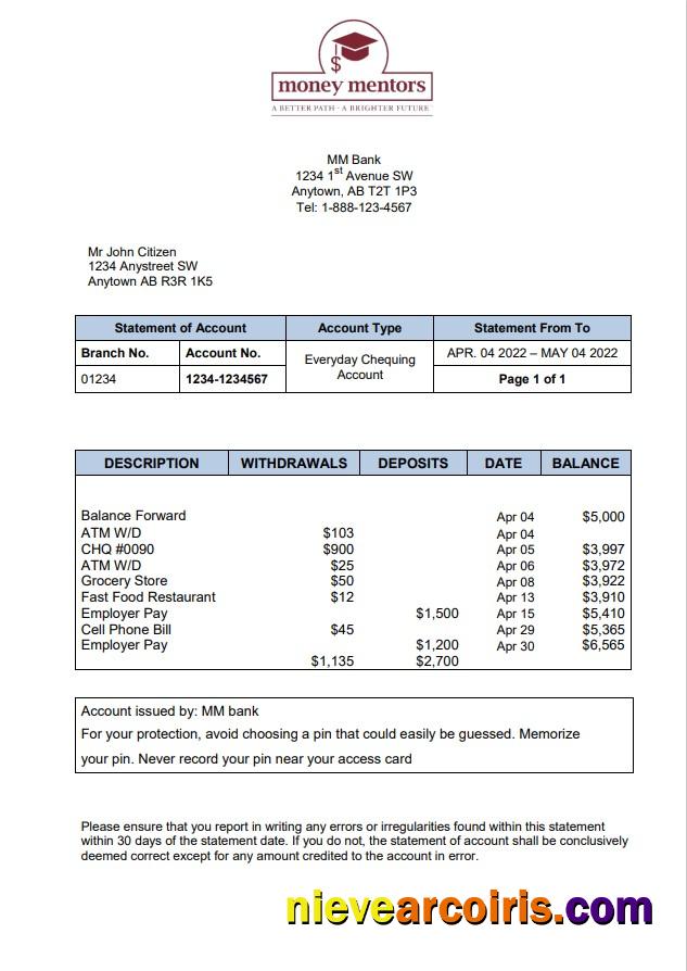 Canada MM Bank Statement Sample