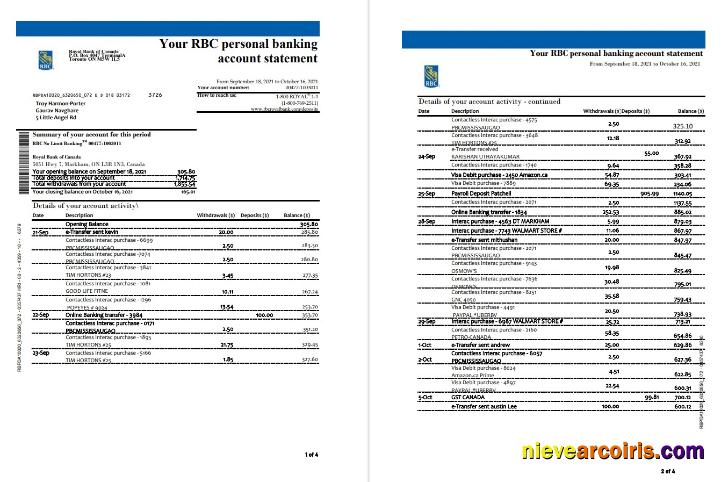 Premium Canada Royal Bank Of Canada (RBC) Bank Statement Template In .xls And .pdf File Format (4 Pages) (AutoSum)