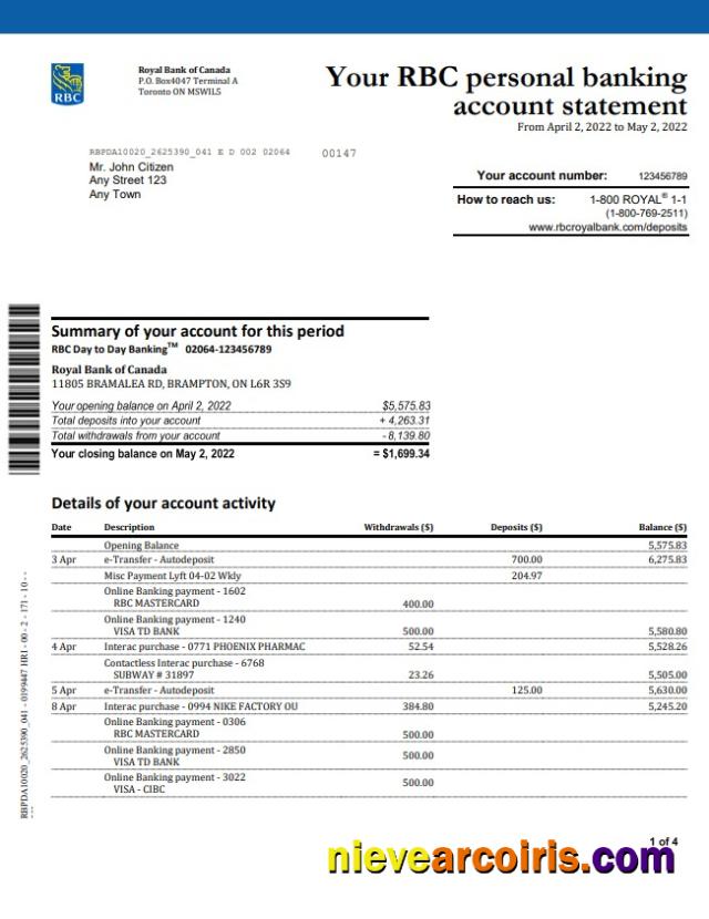 Premium Canada Royal Bank Of Canada (RBC) Bank Statement, Word And PDF Template, 4 Pages, Version 2
