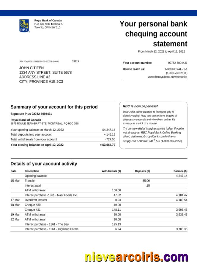 Professional Canada Royal Bank Of Canada (RBC) Bank Statement, Word And PDF Template,version 3