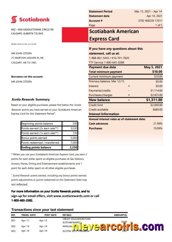 Canada Scotiabank Bank Statement (autosum) Sample