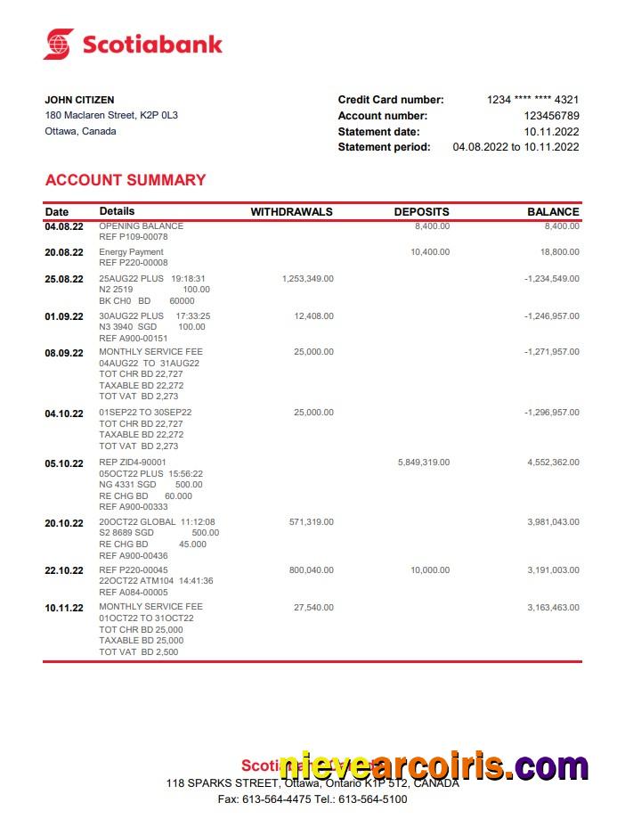 Canada Scotiabank Bank Statement Sample