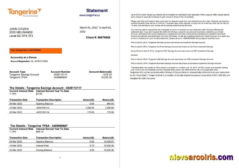 Canada Tangerine Bank Statement Template