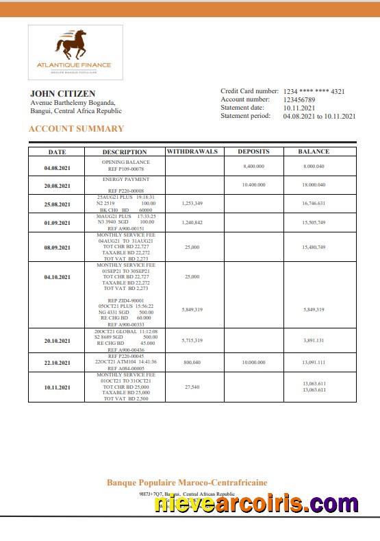 Editable Central African Republic Banque Populaire Maroco Centrafricaine Bank Statement Template In Word And PDF Format