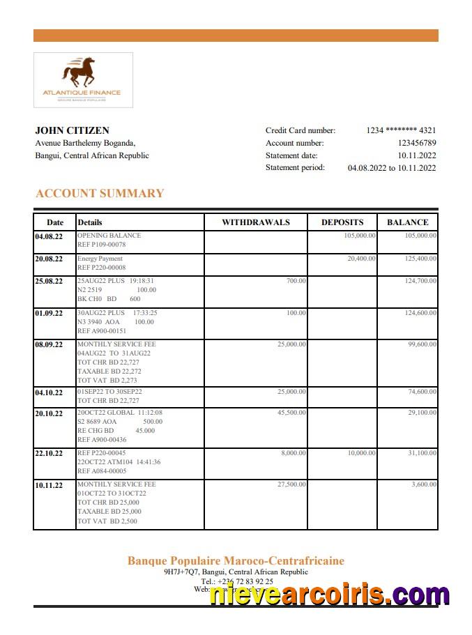 Central African Republic Banque Populaire Maroco Centrafricaine Bank Statement Template