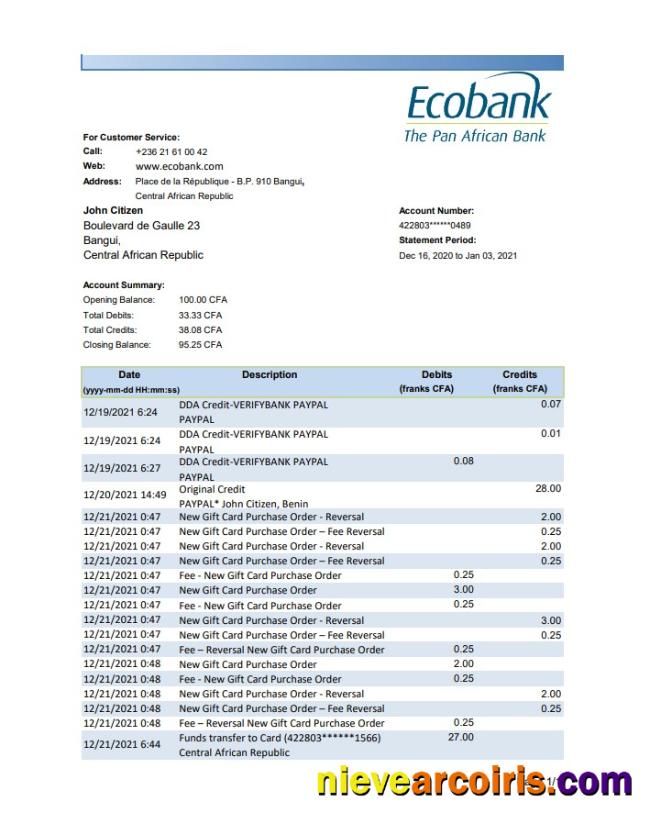 Professional Central African Republic Ecobank Bank Statement Easy To Fill Template In .xls And .pdf File Format (AutoSum)