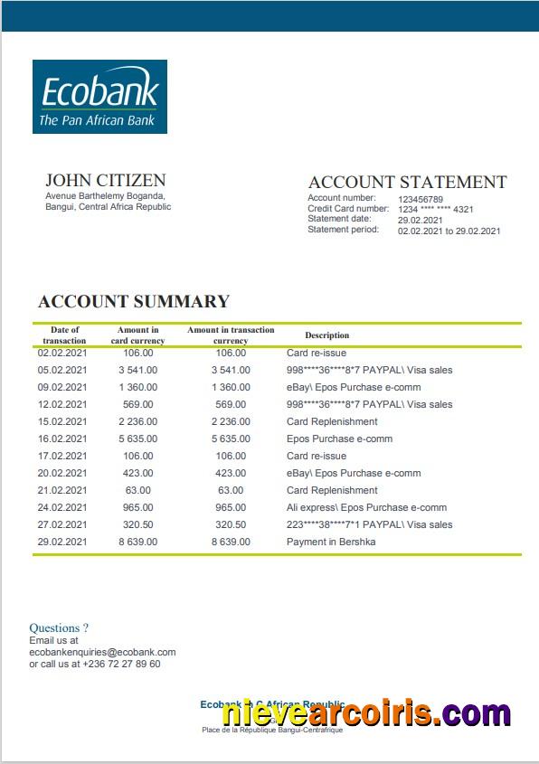 Realistic Central African Republic Ecobank Bank Statement Template In Word And PDF Format