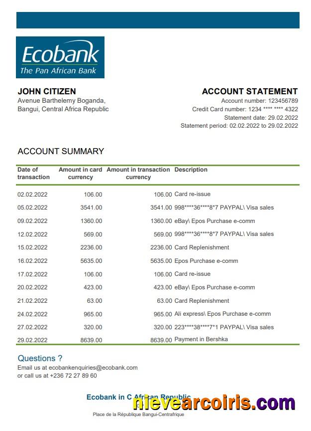Central African Republic Ecobank Bank Statement Photolook