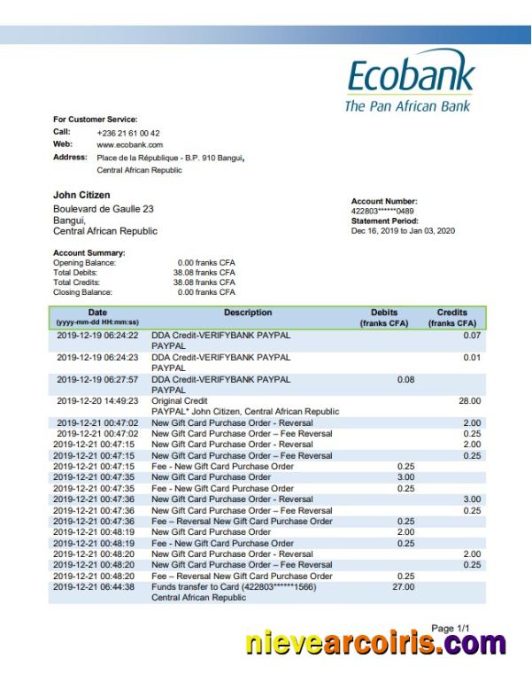 Central African Republic Ecobank Sample