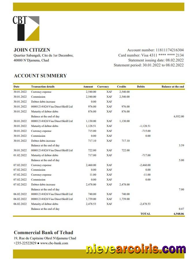 Chad Commercial Bank Of Tchad Bank Statement Photolook