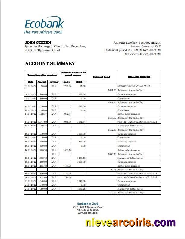 Editable Chad Ecobank Bank Statement Excel And PDF Template, Completely Editable (AutoSum)