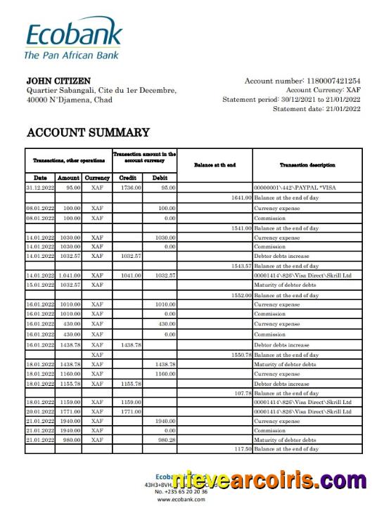 Chad Ecobank Bank Statement Template